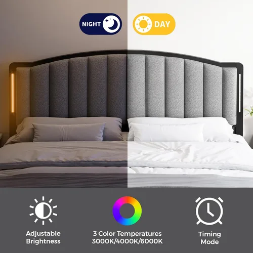 Miniatura 4 de Cabecera para cama tamaño Queen con luces LED, cabecero tapizado de canal vertical acolchonado, cabecera de cama de tela de lino, marco de fijación