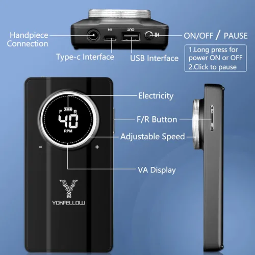 Miniatura 4 de Yokefellow - Taladro de uñas, profesional, portátil, 40000 RPM, máquina de taladro eléctrico de grabado para vidrio, color negro
