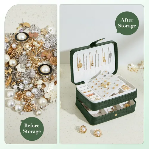 Miniatura 2 de Estuche organizador de joyas de viaje de piel sintética para mujeres y niñas, joyero portátil de 2 capas para aretes, anillos, collares, pulseras