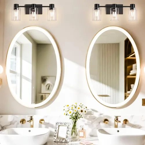 Miniatura 9 de Apliques de pared negros mate de 3 luces para baño, modernas lámparas de tocador sobre espejo, lámparas de baño con pantalla de vidrio transparente