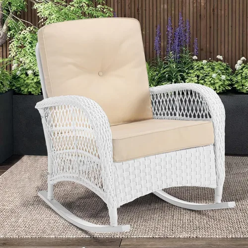 Miniatura 12 de MEETWARM Mecedora de mimbre para exteriores, sillas mecedoras de ratán para patio con cojines y respaldo alto, silla de mimbre para patio para todo