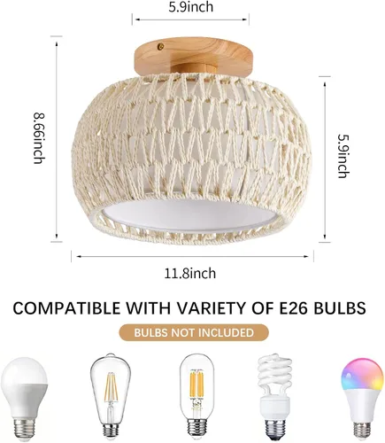 Miniatura 3 de Lámpara de techo de ratán bohemio, 3 opciones de estilo, luces de techo de mimbre semiempotradas, accesorios de luz costera beige, candelabro