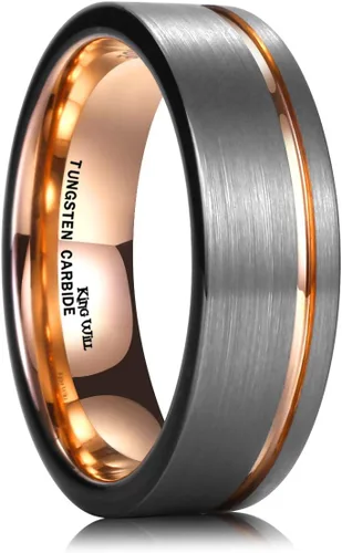 King Will Anillo de boda de carburo de tungsteno para hombre, color doradoplatanegro, línea fina, corte de tubo, superficie cepillada, ajuste