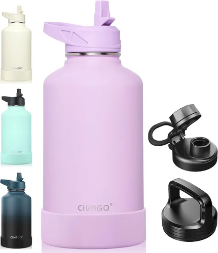 Miniatura 38 de CIVAGO Botella de agua aislada de 22 onzas con pajita, frasco de agua deportiva de acero inoxidable con 3 tapas