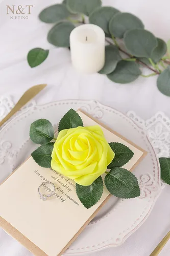 Miniatura 5 de N&T NIETING 25 unidades de flores artificiales, Rosas de espuma artificial de sensación real al tacto, decoración para boda, dama de honor, ramo