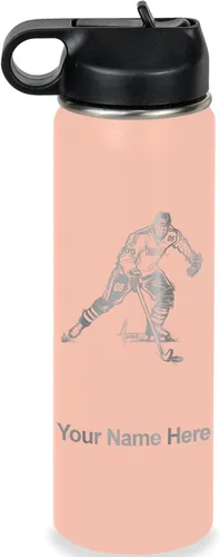 Miniatura 64 de LaserGram Botella de agua personalizada, jugador de hockey, acero inoxidable de doble pared aislada al vacío con popote superior, regalo grabado