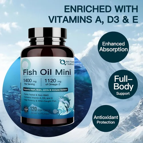 Miniatura 6 de NATURE TARGET Aceite de pescado Mini 1400 mg, suplemento Omega 3 de alta potencia con vitaminas A y D3 y E, apoya el corazón, el cerebro