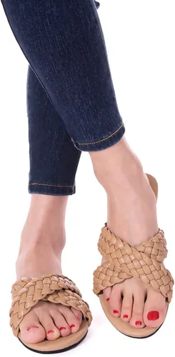 Miniatura 4 de Sandalias planas para mujer con tiras cruzadas de cuero trenzado color piel sandalias de moda para fiestas noche y bodas