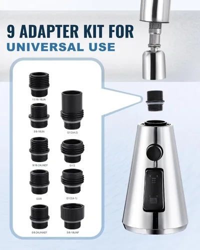 Miniatura 6 de ALEASHA Cabezal rociador desplegable para grifo de cocina, boquilla rociadora de fregadero de 3 funciones con 9 adaptadores, repuesto de cabezal
