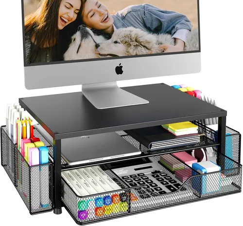 Miniatura 12 de OPNICE Soporte elevador de monitor doble con cajón y 2 soportes para bolígrafos, organizador de escritorio para suministros de oficina, soporte
