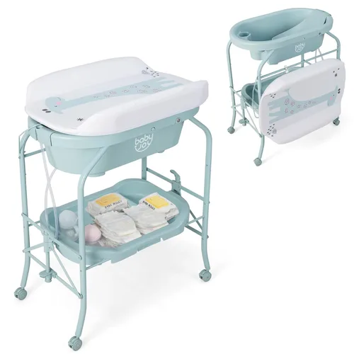 BABY JOY Bañera para bebé con cambiador, estación plegable para cambiar pañales con bandeja de almacenamiento, almohadilla impermeable, organizador