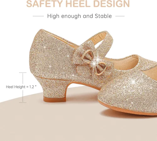 Miniatura 5 de Dufannie Zapatos de vestir para niñas, zapatos de tacón bajo de princesa, zapatos planos con purpurina para bodas y fiestas