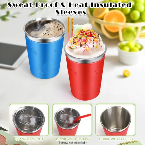 Miniatura 3 de ShineMe Vasos de acero inoxidable para niños, paquete de 2 tazas para niños con tapas y bonitas mangas de personajes espaciales, vasos antiderrames