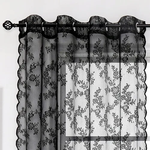Miniatura 3 de Cortinas traslúcidas de encaje negro de 108 pulgadas para dormitorio, cortinas clásicas con bordado de rosa negra, cortinas traslúcidas de punto