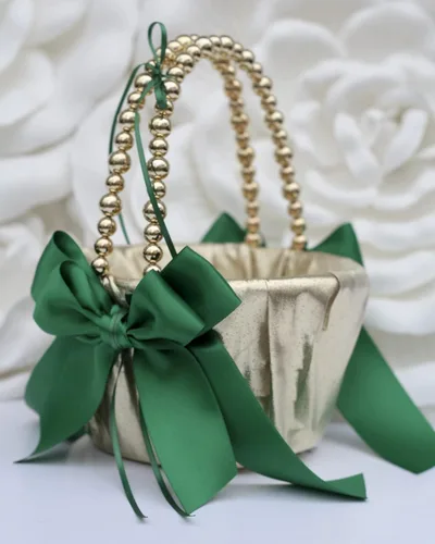 Miniatura 2 de Una cesta de niña de las flores solamente, cesta de boda con mango de perlas, cesta dorada y verde