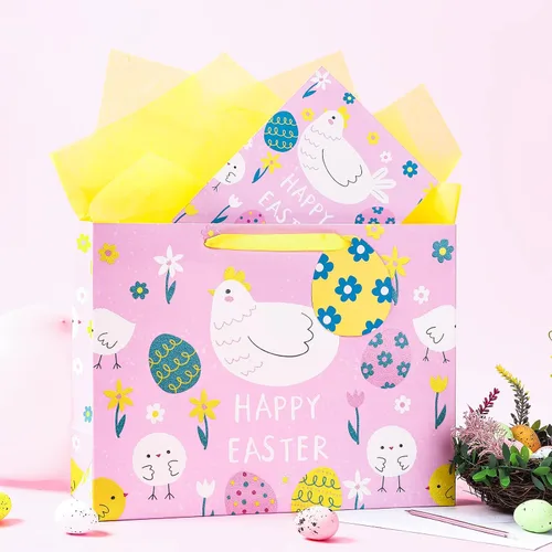 Miniatura 4 de MAYPLUSS Bolsa de regalo grande de Pascua de 13 pulgadas con tarjeta de felicitación y papel de seda, pollos rosados, letras de Pascua, bolsa