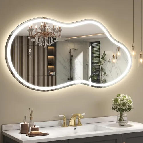 Miniatura 14 de SMIROR Espejo de Baño Retroiluminado Irregular con Luces 20 x 32, Espejo de Tocador con Luz LED Asimétrica en Forma de Nube para Pared