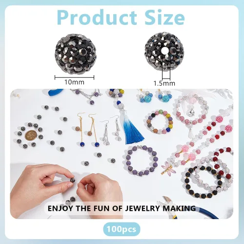 Miniatura 2 de PH PandaHall 100 cuentas de arcilla de hematita con diamantes de imitación negros de 0.394 pulgadas (0.394 in) – cristal de polímero pavimenta bola