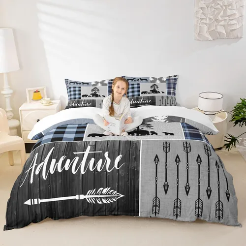 Miniatura 36 de Juego de funda de edredón para niños de ciervo, oso, lobo, tamaño individual, juego de ropa de cama de cabaña de aventura para niños, niñas