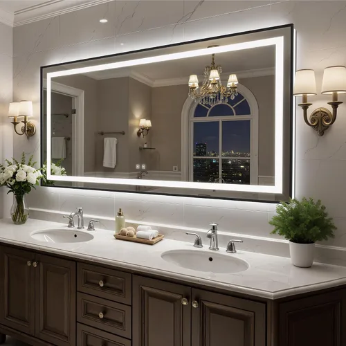 Miniatura 25 de Espejo de baño LED de 24 x 32 pulgadas con luces, espejo de tocador de baño con marco negro con luz frontal + retroiluminación para pared, vidrio