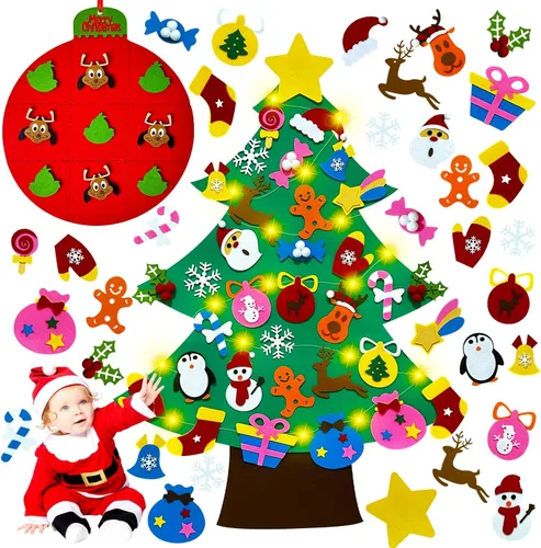 Miniatura 13 de EMPOF Árbol de Navidad de fieltro para niños pequeños - Juego de árbol de fieltro de bricolaje de 1 m con luces de copos de nieve + 32 adornos, Luz