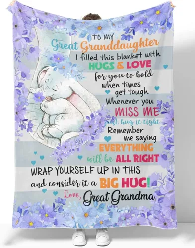 Miniatura 2 de Manta personalizada con texto en inglés «To My Great Granddaughter – Abrazos y amor – Manta de elefante y floral – Regalo para nieta de parte