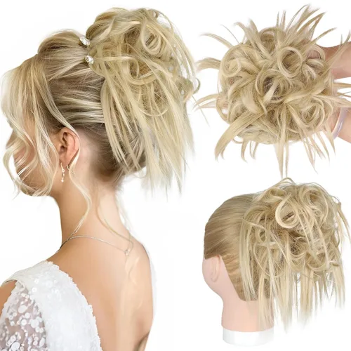 Miniatura 42 de HMD - Extensiones de cabello tipo chongo alborotado con rodelo despeinado, banda elástica de goma, extensiones de cabello sintético para mujer