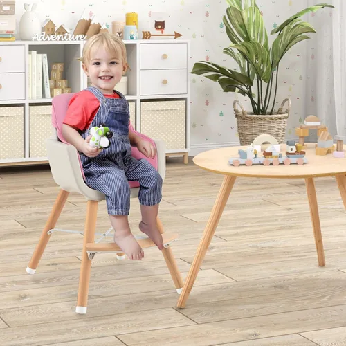 Miniatura 8 de HONEY JOY Silla alta para bebé, silla alta 6 en 1 de madera Eat & Grow con bandeja extraíble, arnés de 5 puntos, cojín de poliuretano y reposapiés