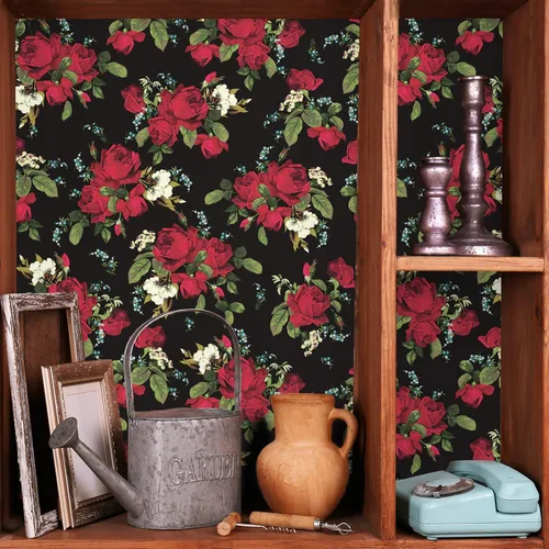 Miniatura 8 de VaryPaper Papel tapiz vintage con diseño floral oscuro de rosas rojas, 17.7 x 78.7 pulgadas, papel de contacto floral rojo para paredes, armarios
