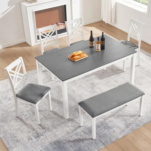 Miniatura 17 de Bellemave Juego de mesa de comedor de 6 piezas para 6 mesas de cocina rectangulares con 4 sillas de comedor y banco, juego de comedor para 6