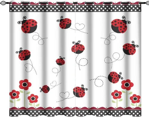 Miniatura 10 de Cortinas opacas de estilo japonés de mariquita de dibujos animados, diseño de eucalipto de mariquita roja y negra, juego de tratamiento de ventana