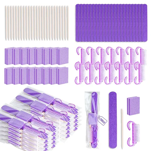 Miniatura 9 de 20 juegos de kit de manicura desechable básico de 4 piezas para viajes, cepillo de agarre, mini pulidor de uñas, lima de uñas y palo de madera