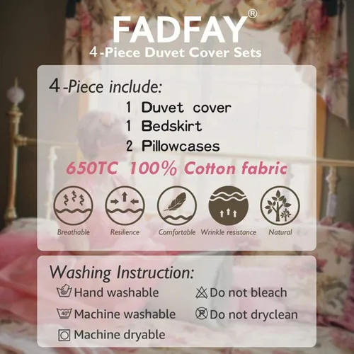 Miniatura 9 de FADFAY Juego de funda de edredón rosa desgastada, colección de ropa de cama floral rosa, elegante juego de funda de edredón de encaje de princesa