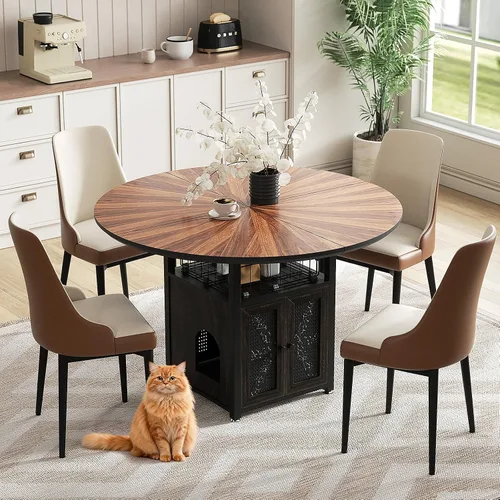 Miniatura 18 de Juego de mesa de comedor redonda de 47 pulgadas para 4-6 personas, juego de mesa de comedor grande de cocina estilo granja con sillas y estante
