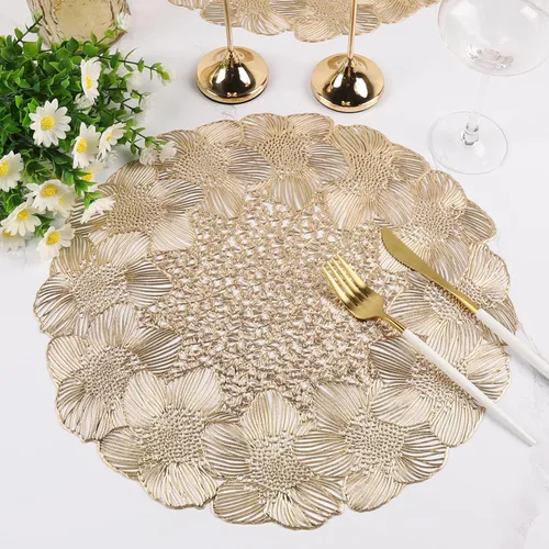 Miniatura 2 de Juego de 4 manteles individuales redondos dorados para mesa de comedor, manteles individuales metálicos de vinilo prensado para decoración de bodas