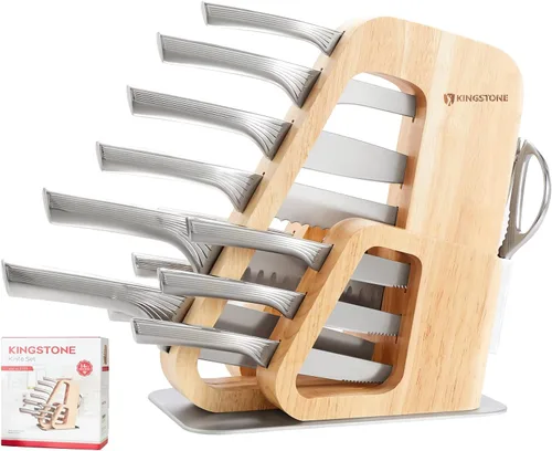 Miniatura 9 de KINGSTONE Juego de cuchillos de cocina con bloque, juego de 14 cuchillos de acero inoxidable alemán con afilador integrado, juego de bloques de Nogal
