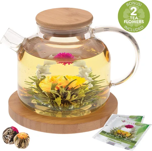 Miniatura 2 de Teabloom Tetera de vidrio segura para estufa con tapa de bambú (40 onzas/40.6 fl oz) + boquilla de filtro de té de hojas sueltas + 2 tés