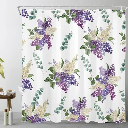 Miniatura 7 de EOBTAIN Cortina de ducha floral púrpura para baño, flores de acuarela y hojas de eucalipto verde sobre beige, cortina de ducha con 10 ganchos, juego