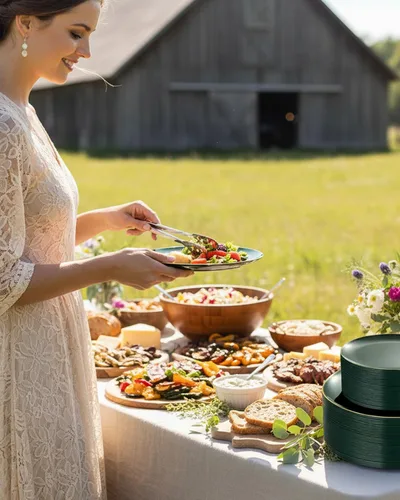 Miniatura 4 de PULOTE 100 piezas de platos de plástico verde - Platos desechables verdes con borde dorado - Incluye 50 piezas de cena de 10.25 pulgadas, 50 piezas