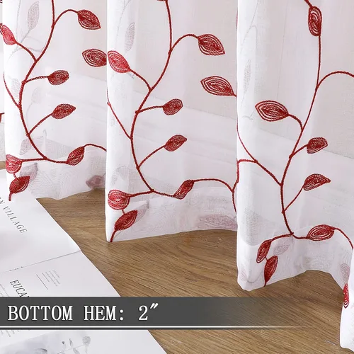Miniatura 4 de Tollpiz - Cortinas cortas traslúcidas con hojas bordadas, de lino texturizado, para cocina, cortina de media longitud, con cortinero, de gasa