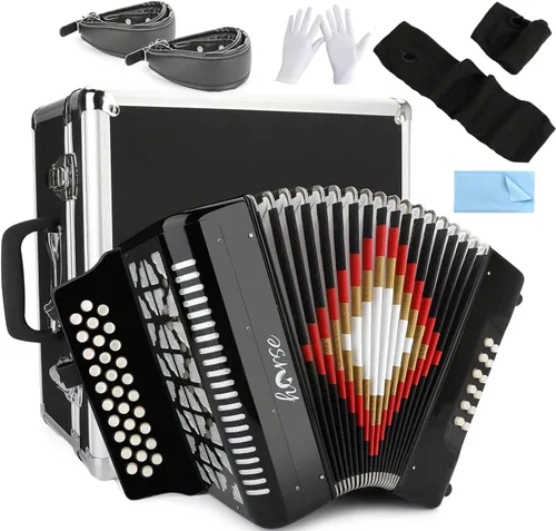 Horse Acordeón de 31 teclas, 12 bajos, 3 filas F/B/E, instrumentos de acordeones diatónicos para adultos con estuche, guantes, paño de limpieza,