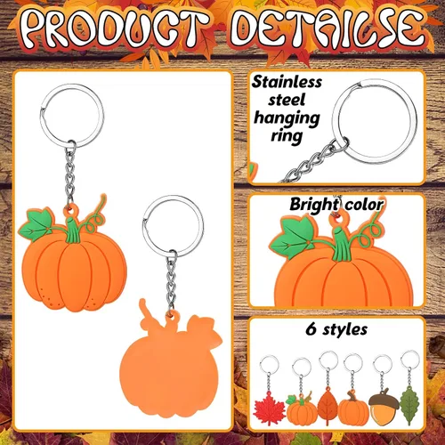 Miniatura 3 de Geetery 36 llaveros de fiesta de Acción de Gracias, regalos a granel, llaveros de calabaza de otoño, hojas, regalos de agradecimiento, llavero a