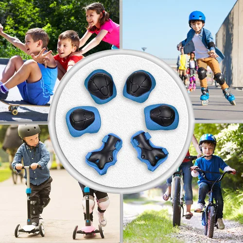 Miniatura 5 de Rodilleras para niños, rodilleras y coderas, conjunto de equipo de protección para niños y niñas con protectores de muñeca 3 en 1 para patinaje, Azul