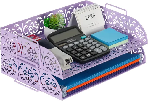 Miniatura 10 de EasyPAG, charola para escritorio de 2 niveles para cartas, diseño calado de flores, Negro