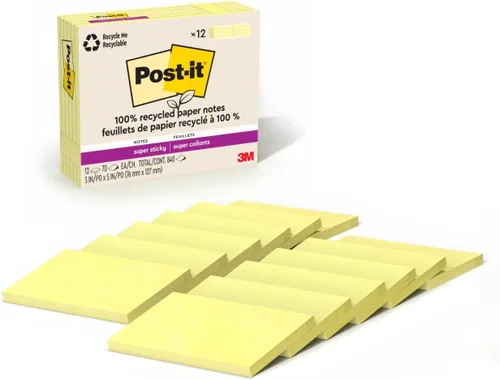 Post-it Notas súper adhesivas de papel 100% reciclado, amarillo canario, 3 pulgadas x 5 pulgadas, 12 blocs de notas adhesivas, 70 hojas por bloc,