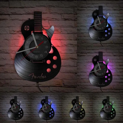 The Geeky Days Guitarra acústica LED silenciosa reloj de disco de vinilo de cuarzo de 7 colores, instrumento musical decorativo tallado álbum de