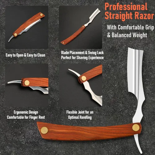 Miniatura 6 de Navaja recta con estuche - Afeitadora profesional de borde recto de barbero de acero inoxidable premium con estuche de afeitar para hombres para uso