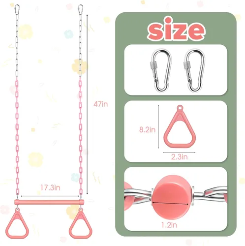 Miniatura 2 de LadyRosian Barra de Trapecio de 17" Juego de Columpios Anillos de Gimnasio Cadena Resistente de 47" Accesorios de Juego de Columpios con Mosquetones
