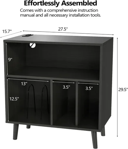 Miniatura 2 de VINGLI Soporte para tocadiscos con almacenamiento de vinilo abierto, mesa de almacenamiento de álbumes de mediados de siglo con luz LED de hasta 300
