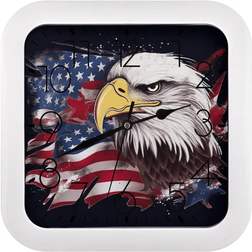 Reloj de pared cuadrado moderno de 10 pulgadas, con estampado de águila calva de Estados Unidos, funciona con pilas, silencioso sin tictac, único y